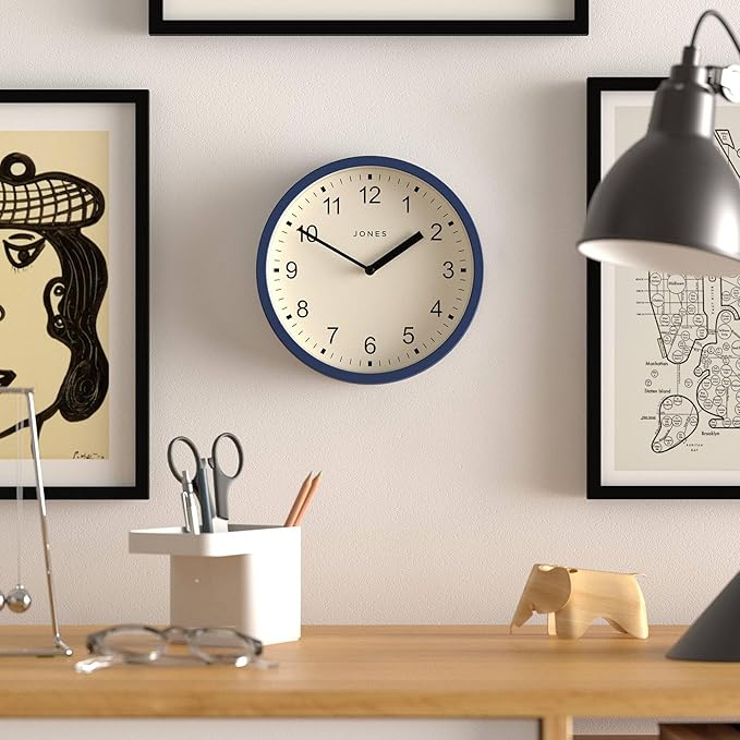 JONES CLOCKS® Spin Wall Clock | Small Modern Round Clock | 8inch | Dark Blue | Easy to Read Numbers | Ideal for Kitchen, Office, Children’s Room or Any Small Space