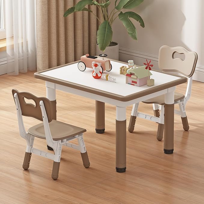 Toddler Table and 2 Chairs, Kids Table and Chair Set Height Adjustable, 31.5''L x 23.6''W Multifunctional Graffiti Desktop for Reading, Drawing, Eating, for Girls & Boys Age 2-10, Brown-02