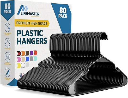 Plastic Clothes Hanger Set - 80 Pieces Versatile, Lightweight, Space-Saving, Non-Slip, Slim Designed, Dry and Wet Clothes Hanger Set - Black