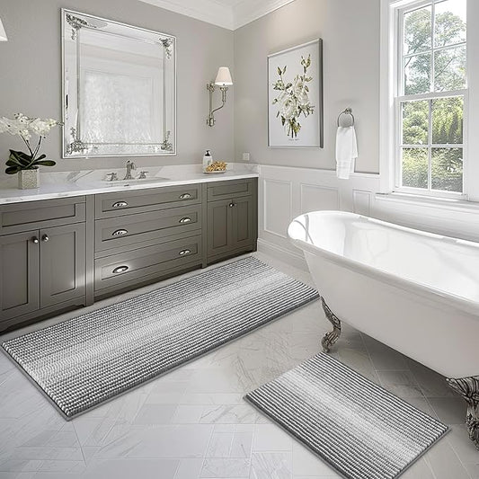 BSICPRO Bathroom Rugs and Mats Sets, 2 Piece Thick Absorbent Chenille Bath Mat Rug Set Non Slip, Soft Shaggy Bath Room Floor Mats for Bathroom, Machine Washable (Gray, 20" x 60" Plus 20" x 32")