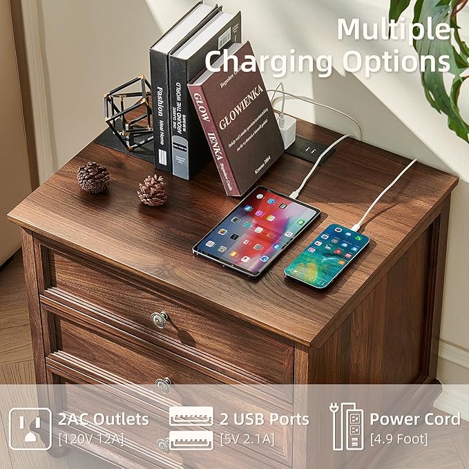 Farmhouse Nightstand with Charging Station, 24" Wide End Table with 3 Drawers,Brown Wood Dresser for Bedroom, Bed Side Table Chest of Drawers Cabinet,Night Stand for Living Room, Closet