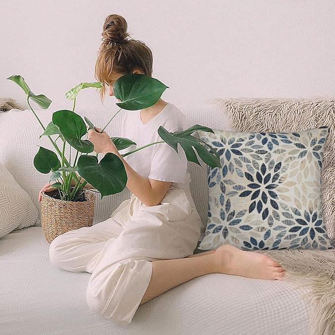 Dahlia Pillow Covers 20x20 Inch Set of 2 Summer Rust Geometric Flower Outdoor Decorative Throw Pillows Farmhouse Navy Blue Pillow Case Linen Square Cushion Cover for Home Sofa Bedroom Living Room