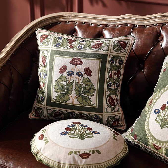 Design Linen Round Throw Pillow Covers Diameter 16" Pack of 2, Yellow Green French Cushion Covers with Red Purple Floral Pattern Decoration Pillowcases for Bed, Living Room, Outdoor, Car