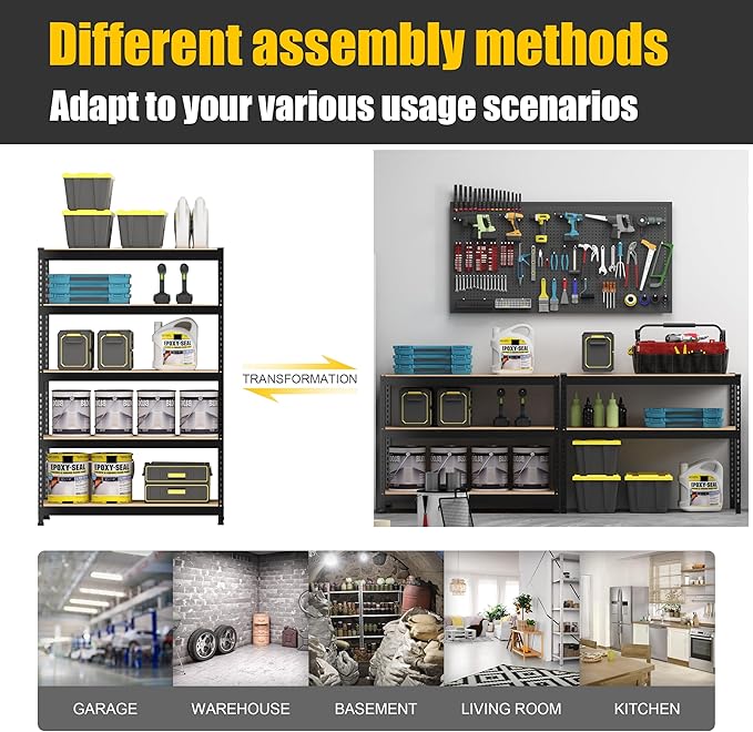PrimeZone 48" W x 18" D x 72" H Garage Shelving Heavy Duty - Adjustable Metal Storage Shelves, 5 Tier Industrial Shelving Unit, Utility Shelf Rack for Basement, Warehouse, Pantry, Closet, Black