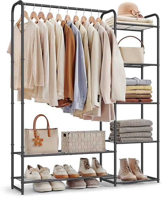 SONGMICS Wardrobe Closet, 44.1 Inch Large Portable Closet, Clothes Rack for Hanging Clothes,Heavy Duty Garment Rack, Storage Organizer with Shelves, 44.1 x 11.4 x 62.4 Inches, Black ULGR462B01
