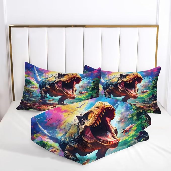 Kids Colorful Dinosaur Comforter Set Queen Size for Boys Tie Dye Dino Quilt Set Soft Microfiber Dino Bed Set for All Season Use Dinosaur Bedding Set with 1 Comforter + 2 Pillowcases