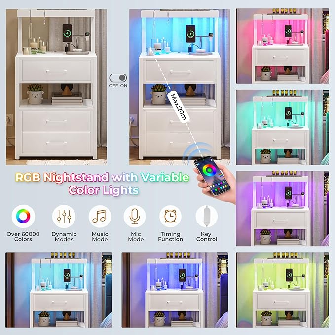 VIAGDO Nightstands Set of 2 with LED Lights, 3 Drawers Night Stands with Charging Station, White Bedside Tables with Storage Shelves, Modern End Side Tables for Bedroom, Office