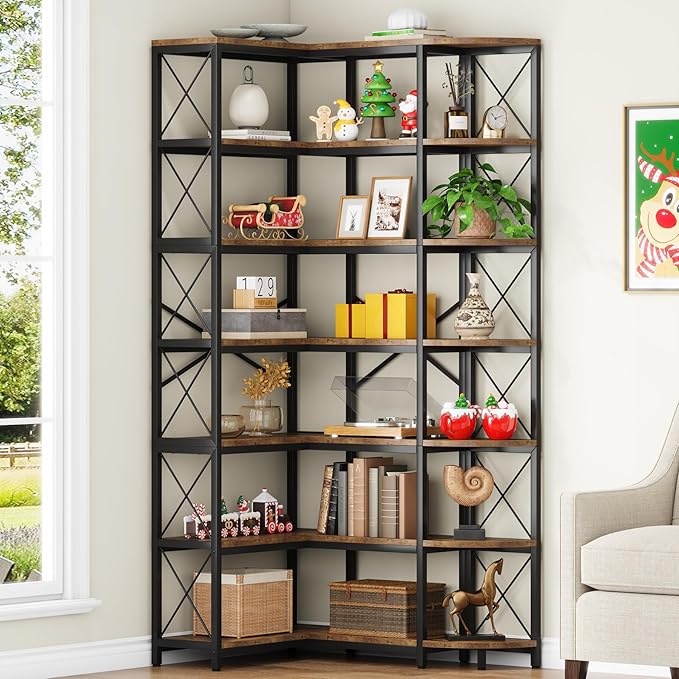 7-Shelf Reversible Corner Bookshelf, Modern Industrial Tall Bookcase, 7-Tier Large L-Shaped Storage Shelf Display Rack with Metal Frame for Living Room, Home Office, Bedroom, Rustic Brown