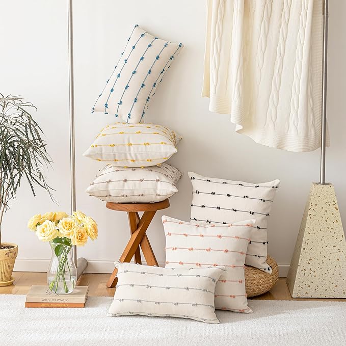 Boho Throw Pillow Covers 22x22 Set of 2 Modern Farmhouse Decorative Cushion Case Tufted Square Pillows Cover Neutral Pillow Cases Accent Pillowcase for Sofa,Couch,Bed,Beige and Green