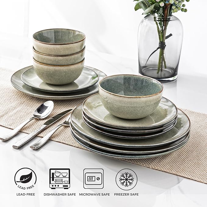 AmorArc Ceramic Dinnerware Sets for 8, 24 Pieces Handpainted Stoneware Plates and Bowls Set, Scratch Resistant Dishes Set, Dishwasher & Microwave Safe, Reactive Color