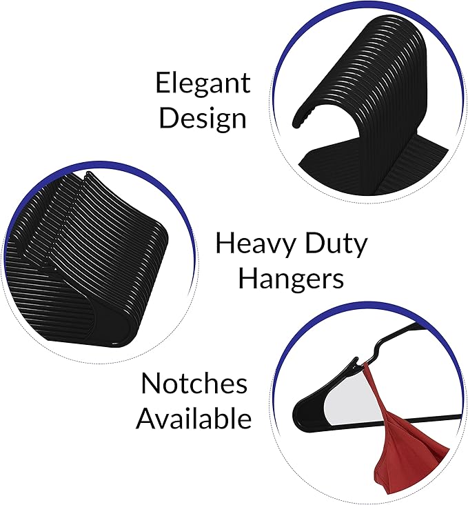 Royale Linens 20 Pack Black Plastic Hangers for Clothes - Heavy Duty Clothes Hanger for Everyday Use - Lightweight & Space Saving Notched Plastic Hangers