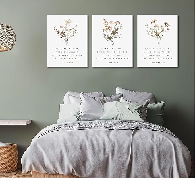 Wildflower Bible Floral Canvas Wall Art Christian Verses Floral Paintings Pictures Wall Decor Botanical Scripture Room Posters Prints for Bedroom Living Room Office Christian Scene Home Decorate