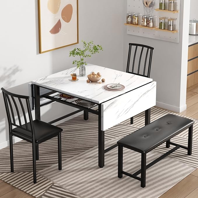 Lamerge 4-Piece Dining Table Set for 3-6 People, 63" Extendable Kitchen Table Set with 1 Bench and 2 Backrest Chairs, Faux Marble Table Square Dining Table Set with Drop Leaf for Small Space