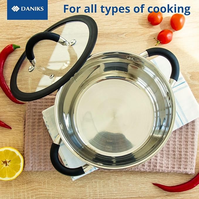 Daniks Orlando 10-Piece Stainless Steel Induction Cookware Set – Dishwasher Safe Saucepan, Pots with Heatproof Handles, Glass Lids, Measuring Scale, Silver