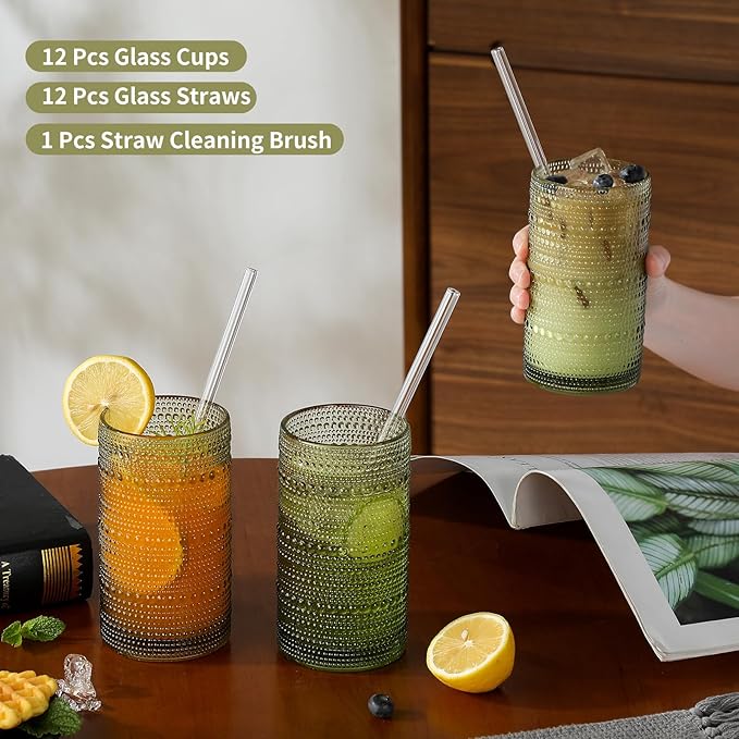 AkutaaVintage Hobnail Drinking Glasses Set of 12, 16 oz Large Capacity Embossed Green Tumblers, Highball Glasses for Water, Cocktail, Beer, Whiskey, Kitchen & Bar Use