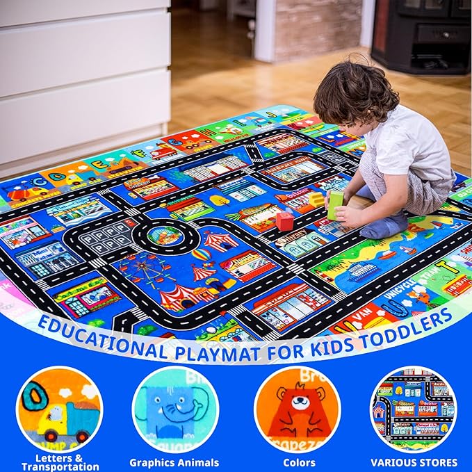 Kids Rugs for Toy Cars Playroom 110"×78.7" ABC Transportation Animals Play Mat Educational Mat Alphabet Area Rug Public Buildings Kids Playtime Collection Toddler Learning Carpet