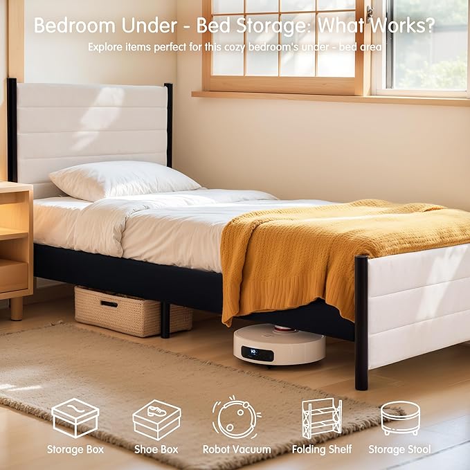 Hokway Bed Frame Upholstered Platform Bed with Headboard Wooden Slat Support No Box Spring Needed(Twin, Beige)