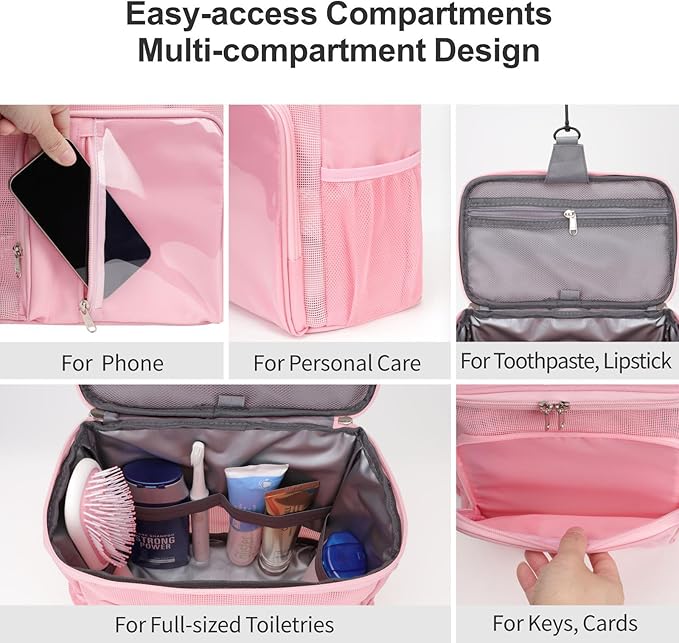 F-color Hanging Shower Caddy Portable - College Dorm Essentials for Guys with Hooks, Quick-Dry Shower Bag for Dorm Travel Gym Camping, Water-Resistant with Multiple Pockets, 2 Packs Pink