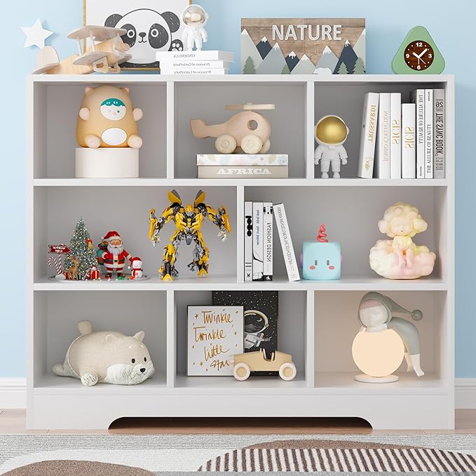 Book Shelf for Kids, 8 Cubes Storage Organizer Montessori Bookshelf, 3-Tier Wooden Kids Bookcase, Toy Storage Organizer for Children, White Toddler Bookshelf Cube Shelf for Kid’s Room, Classroom
