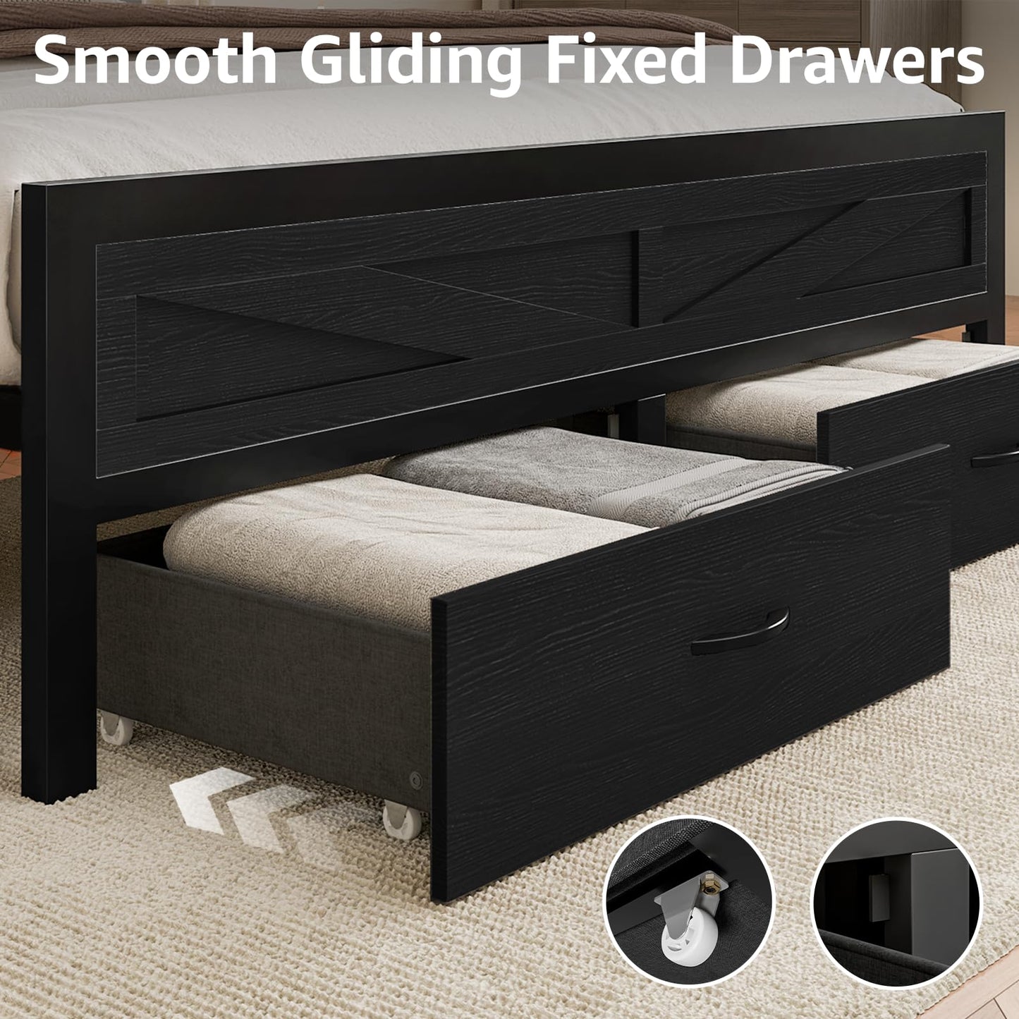 Rustic King Size Bed Frame with Storage Drawers, LED King Bed Frame with Barn Door Headboard and Charging Station, Metal Industrial Platform Bed Frames, No Box Spring Needed, Black