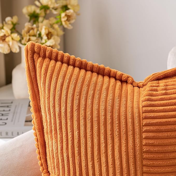 MIULEE Burnt Orange Fall Decorative Throw Pillow Covers for Couch Bed Livingroom 16x16 Inch Set of 2 Boho Accent Throw Pllows Broadside Striped Patchwork Soft Corduroy Pillowcases