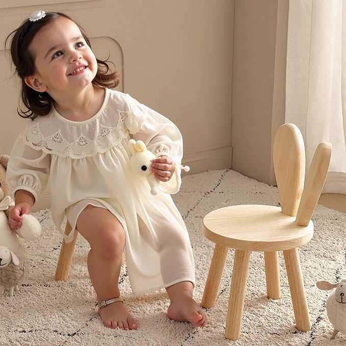 Solid Wood Rabbit Chair Cute Multi Functional Sturdy Rubber Wood Chair for Living Room Bedroom Playroom Easy Assembly Comfortable Safe Design (No Hair, Rabbit Stool)