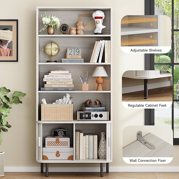 71" Tall Bookshelf, 4-Tier Bookcase with Storage Cabinet & Adjustable Shelves, Freestanding Wood Bookshelf with Sliding Door and Adjustable Footpad, for Home Office, Living Room, Natural White
