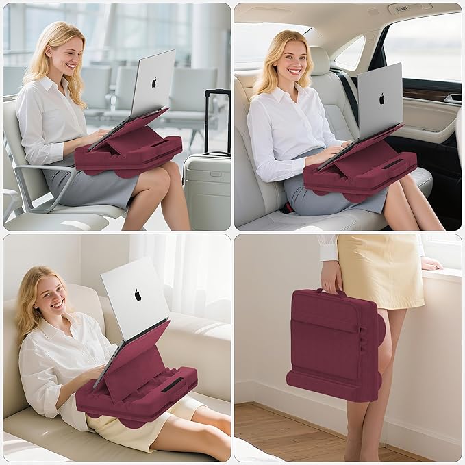 Laptop Lap Desk with Cushion, Adjustable Lap Desk Pillow with Storage, Portable Lap Table for Adults Student, Laptop Stand for Bed Office Dorm Home Room Couch, Fits Up to 14.9" PC Tablet, Red