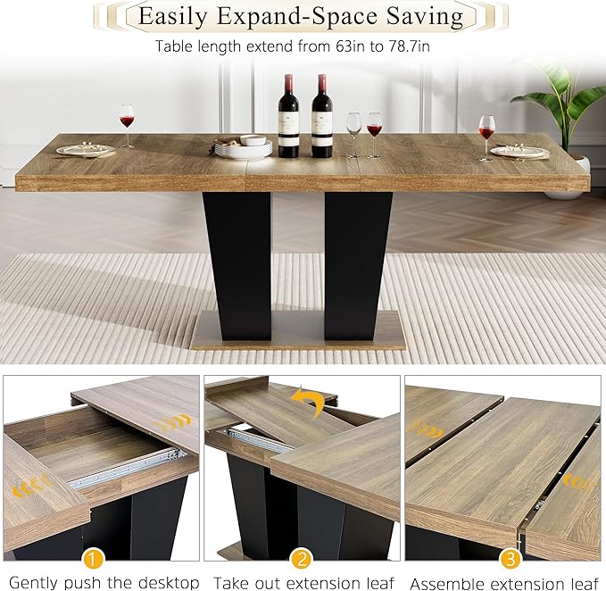 Goujxcy 78.7" Extendable Dining Room Table Set for 8, 9-Piece Farmhouse Kitchen Dining Room Table Set with Wood Base and 8 Black Velvet Tufted Chairs, Extending Kitchen & Dining Table Set of 8