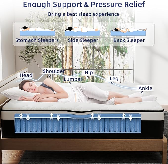 Queen Mattress, 14 Inch Queen Hybrid Mattress in a Box with Memory Foam, Medium Firm, Euro Top, Reinforced Edge Support, Pressure Relief & Motion Isolation, CertiPUR-US Certified