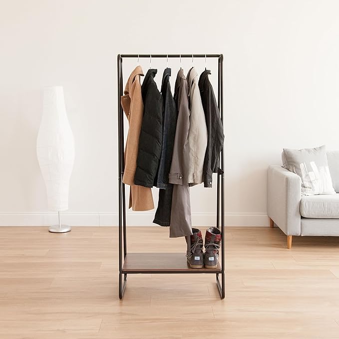 IRIS USA Clothes Rack for Hanging Clothes with Bottom Wood Shelf, Freestanding Clothing Rack, Easy to Assemble Garment Rack, Metal, Sturdy Design, Multipurpose, Small Space Storage Solution, Black