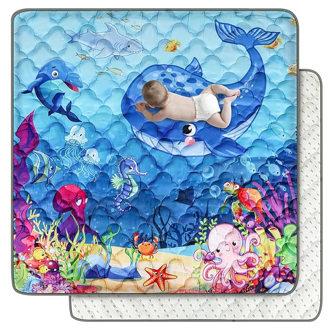 Baby Mat for Floor, Premium 50x50 Playpen Mat, Odorless Play Mat, Thicken Soft Padding Foam Play Mat for Baby, Non-Slip Cushioned Baby Floor Mat, Machine Washable Baby Crawling Mat (Ocean)