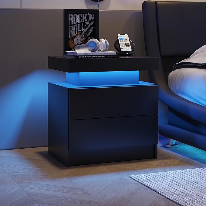 LED Nightstand with 2 Drawers Modern Night Stand with LED Lights Night Stands for Living Room,Bedroom