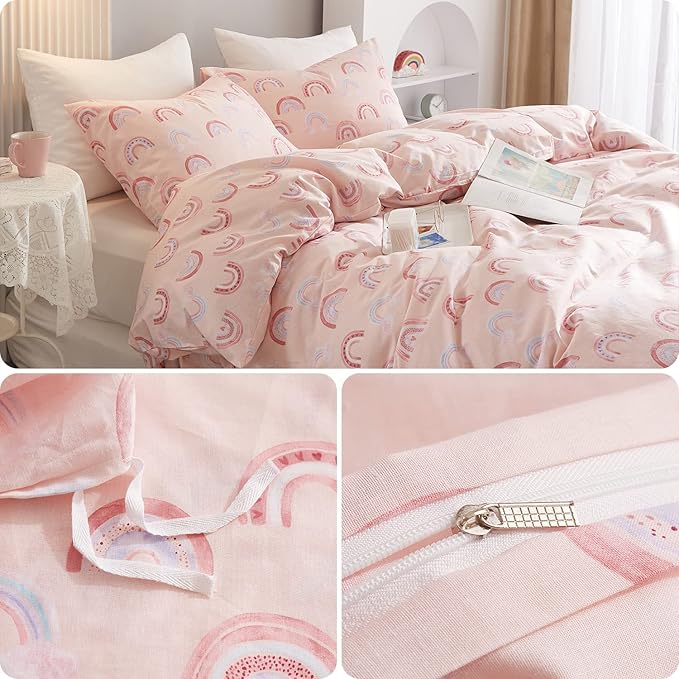 Ivellow Twin Duvet Cover Bed Set 100% Cotton Rainbow Pink for Girls Cute Kawaii Bedding Set 3 Pcs Ultra Soft Breathable Toddler Teen Kids Patterned Cartoon Comforter Cover.