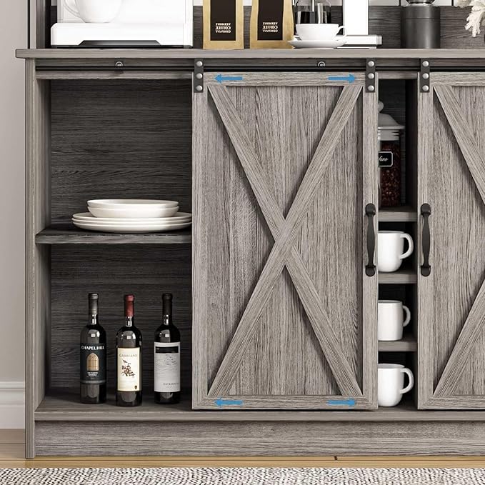 Farmhouse Coffee Bar Cabinet with 9 Wine Racks and 6 Hooks, 47 Inch Wine Bar with Storage, Buffet Cabinet Adjustable Shelves, Kitchen Buffet Cabinet for Dining Living Room, Grey Living Room, Grey