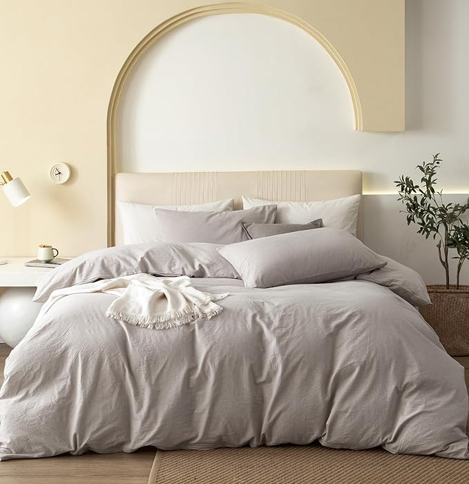 JIYUAN 100% Washed Cotton Duvet Cover Set 2 Pieces Twin, 1 Duvet Cover 68x90 Inches(Comforter Not Included) and 1 Pillowcases,Linen Feel Bedding Set Comfy and Breathable, Heathered Cream Grey