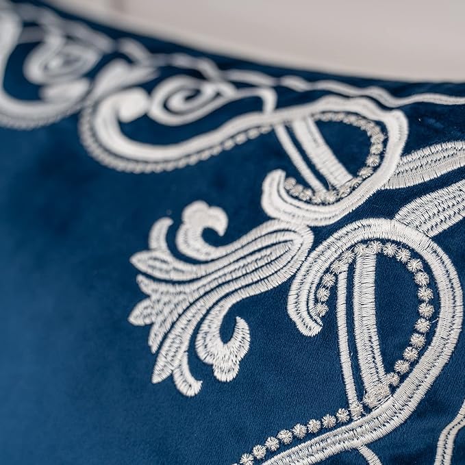 Aeckself European Floral Pillow Cover 12x20 Inch, Luxury Velvet Embroidered Decorative Lumbar Throw Pillow Cover for Couch Bedroom Living Room, Navy Blue and White