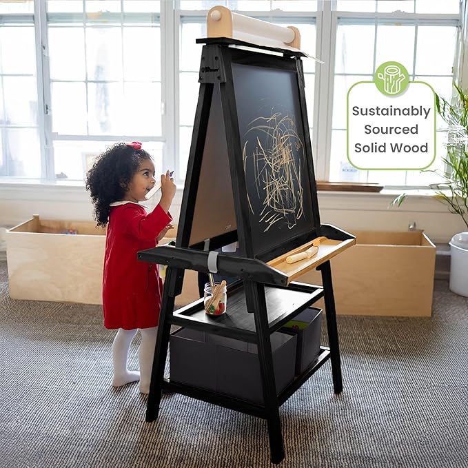 Little Partners Deluxe Learn 'N Play Toddler Easel for Kids, Two-Sided Art Center with Chalkboard, Magnetic Dry Erase Whiteboard, Paper Feed, Storage Bins, Paint Containers (Charcoal & Natural)