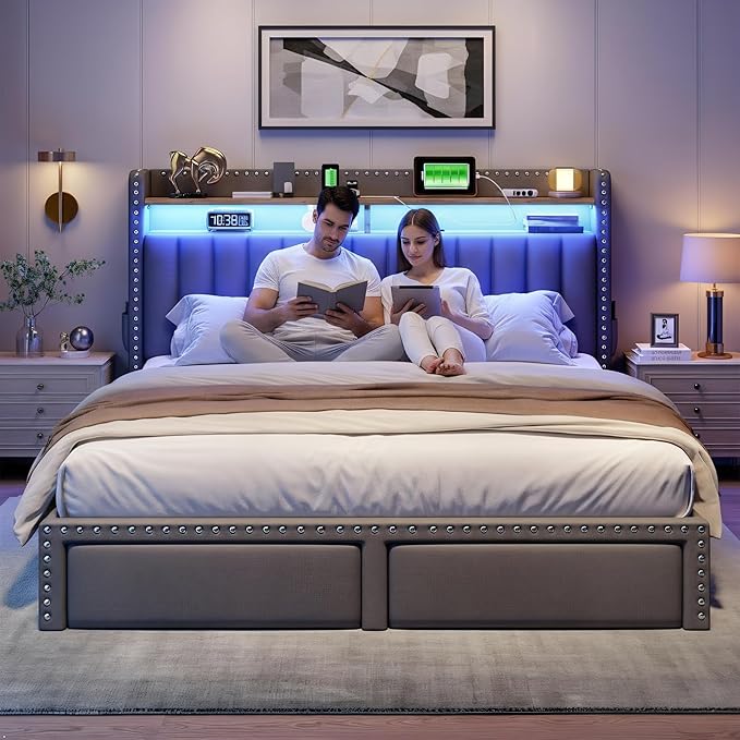 EnHomee King Size Bed Frame with 2 Storage Drawers, Upholstered Platform Bed with LED Lights and Charging Station, Sturdy Wooden Slats Support, No Box Spring Needed, Noise Free, Grey