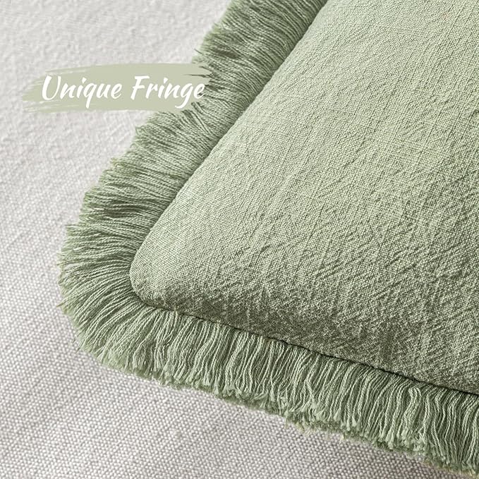 MIULEE Decorative Throw Pillow Covers Neutral Linen Fringe Throw Pillows Euro Shams Set of 2 Sage Green Boho Farmhouse Cushion Covers for Couch Sofa Bed Living Room Spring Home Decor 26x26 Inch