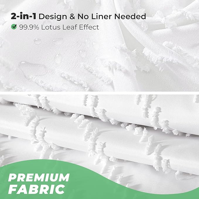 White Boho Fabric Shower Curtain 72 x 72 Inches, Modern Shabby Chic Textured Tufted Chevron Striped Minimalist Cloth Bathroom Shower Curtain