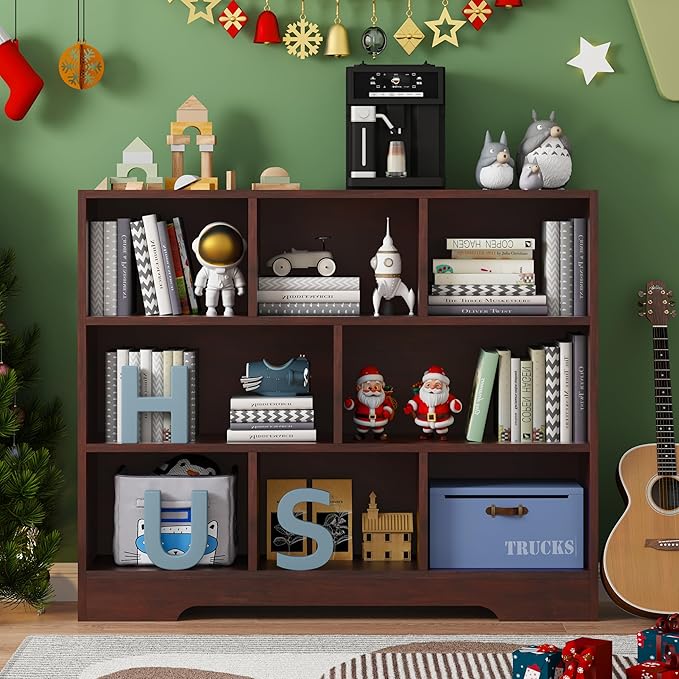 Kids Book Shelf Set of 2, 8 Cubes Storage Organizer Montessori Bookshelf, 3-Tier Wooden Kids Bookcase, Toy Storage Organizer for Children, Cherry Toddler Bookshelf Cube Shelf for Kid’s Room