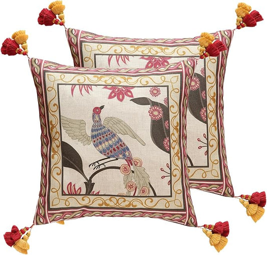 patdrea Designer Throw Pillow Cover 18"x18",Vintage Bird and Floral Pattern Linen Pillows Cover with Red and Yellow Pendant Charms,Square Decorative Pillowcases for Living Room Outdoor,Set of 2