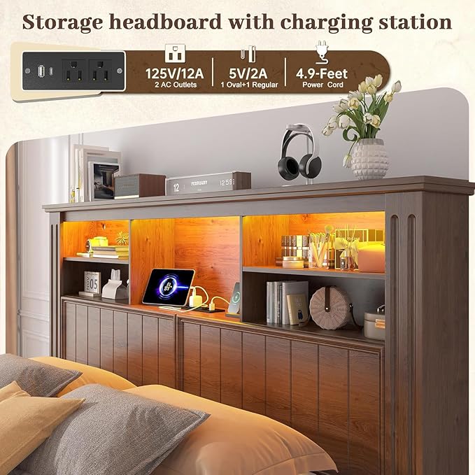 EnHomee Queen Bed Frame with 4 Storage Drawers, Bed Frame Queen Size with Headboard, Queen Bed with LED Lights & Charging Ports,No Box Spring Needed,NO Noise,Wooden, Brown