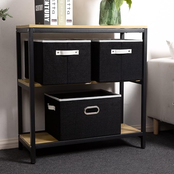 PRANDOM Larger Collapsible Storage Bins for Closet [3-Pack] Decorative Linen Fabric Storage Baskets Cubes with Leather/Metal Handles for Living Room Black (17.3x12.2x10.4 Inch)