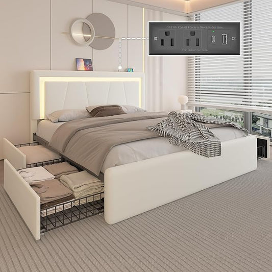 Queen Size Bed Frame with 4 Storage Drawers and LED Lights, Upholstered Platform Bed with Adjustable Headboard and Charging Station, Metal Slats Support, No Box Spring Needed,Easy Assembly, White