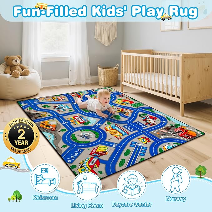 Road Car Rug, 3x5 Ft City Road Rug for Kids, Extra Thick (0.4in) Kids Floor Play Mat and Car Carpet with Realistic Colors - Perfect for Children, Soft and Non-Slip for Playroom and Bedroom
