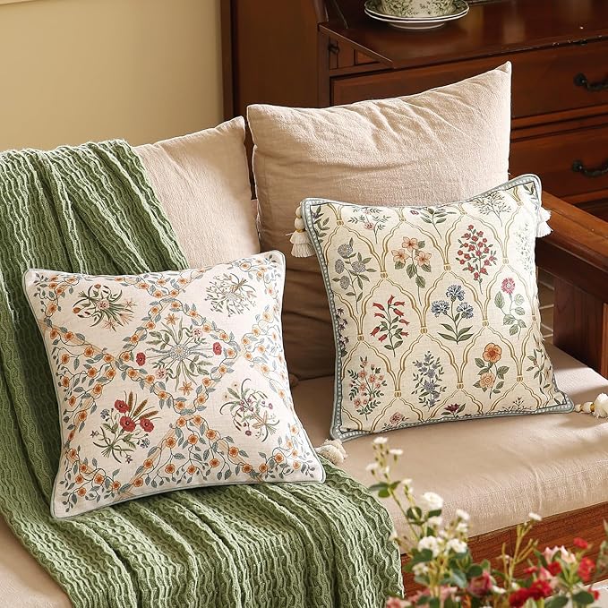 Design Linen Throw Pillow Covers 18"x18" Pack of 2, Square Farmhouse Cushion Covers with Yellow Purple Watercolor Wildflower Pattern Decor Pillowcases for Bed,Living Room,Outdoor,Car