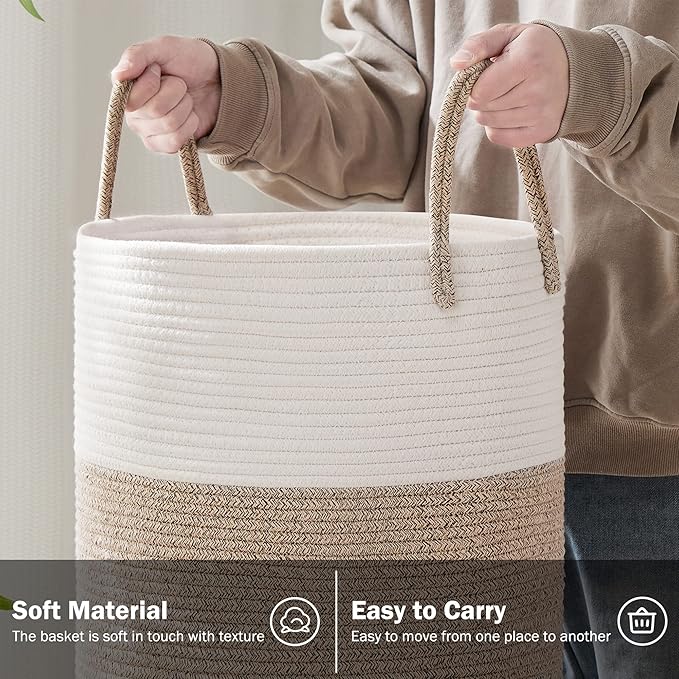 Woven Rope Laundry Hamper Basket, 58L Tall Laundry Basket, Baby Nursery Hamper for Blanket Storage in Bedroom-Large-Brown