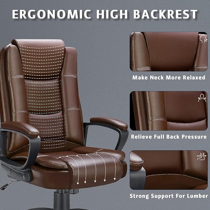 LEMBERI Office Desk Chair, Big and Tall High Back Managerial Executive Computer Chair, Ergonomic Height Adjustable PU Leather Chairs with Cushions Armrest for Long Time Sitting (Brown)